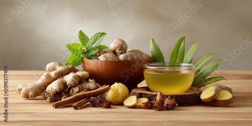 Healthy food arrangement with ginger and mint in natural light setting