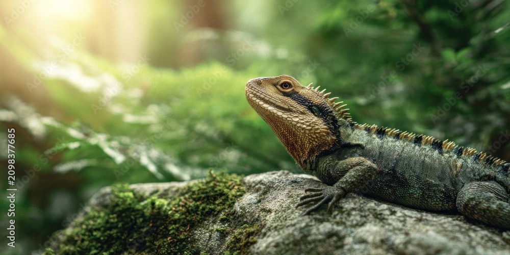 Obraz premium Close up of a lizard perched on a rock with green moss and vibrant foliage