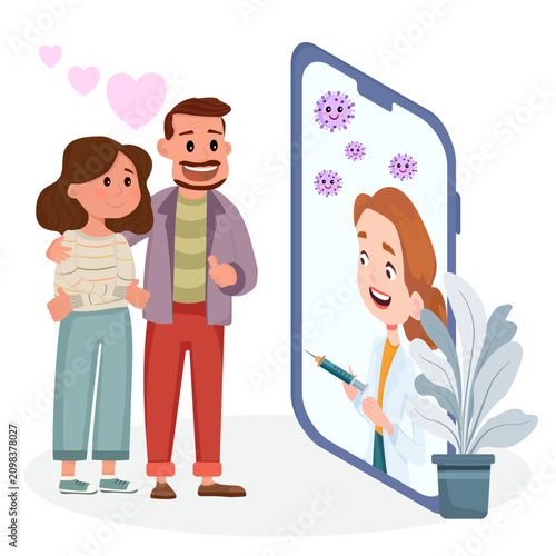 Couple consulting female doctor about vaccination via smartphone. Telemedicine, virtual health consultation, online medical advice, and virus prevention flat vector illustration.