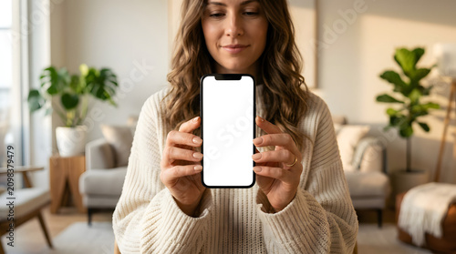 Woman Holding Smartphone with Blank Screen Mockup in Cozy Living Room