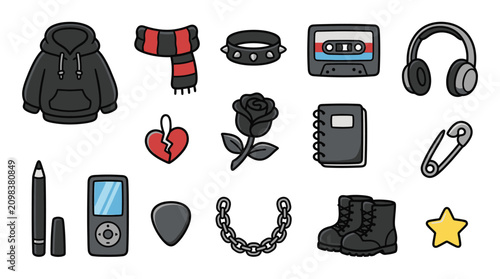 Foto Set of emo and goth subculture themed doodle icons and accessories