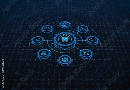 Futuristic AI Technology Dashboard with Digital Network, Data Analytics and Business Intelligence Interface