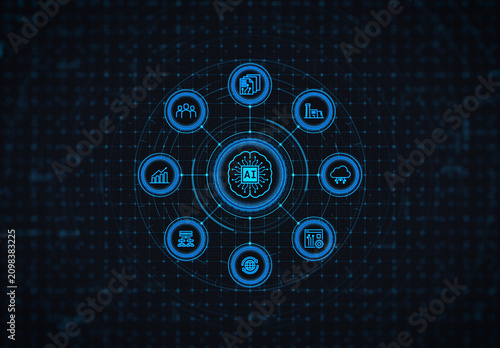Futuristic Artificial Intelligence Dashboard with Business Analytics and Digital Technology Icons. AI Technology Dashboard Interface concept.