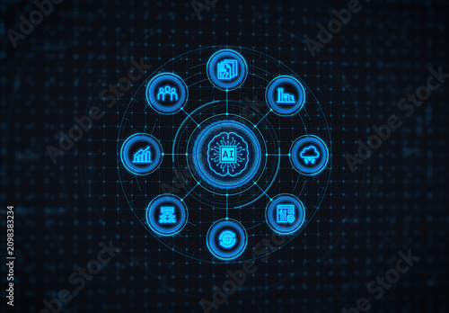 Futuristic Artificial Intelligence Dashboard with Business Analytics and Digital Technology Icons. AI Technology Dashboard Interface concept.