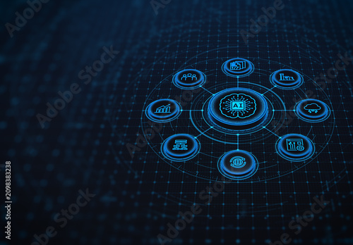 Futuristic HUD interface Artificial intelligence and AI brain concept integrated with business management icon network. Abstract digital background