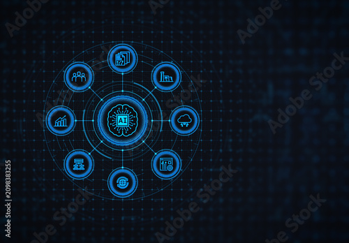 Futuristic HUD interface Artificial intelligence and AI brain concept integrated with business management icon network. Abstract digital background