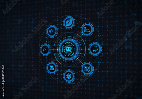 Futuristic HUD interface Artificial intelligence and AI brain concept integrated with business management icon network. Abstract digital background