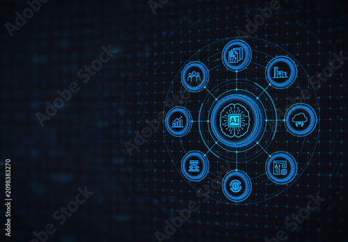 Futuristic Artificial Intelligence Dashboard with Business Analytics and Digital Technology Icons. AI Technology Dashboard Interface concept.