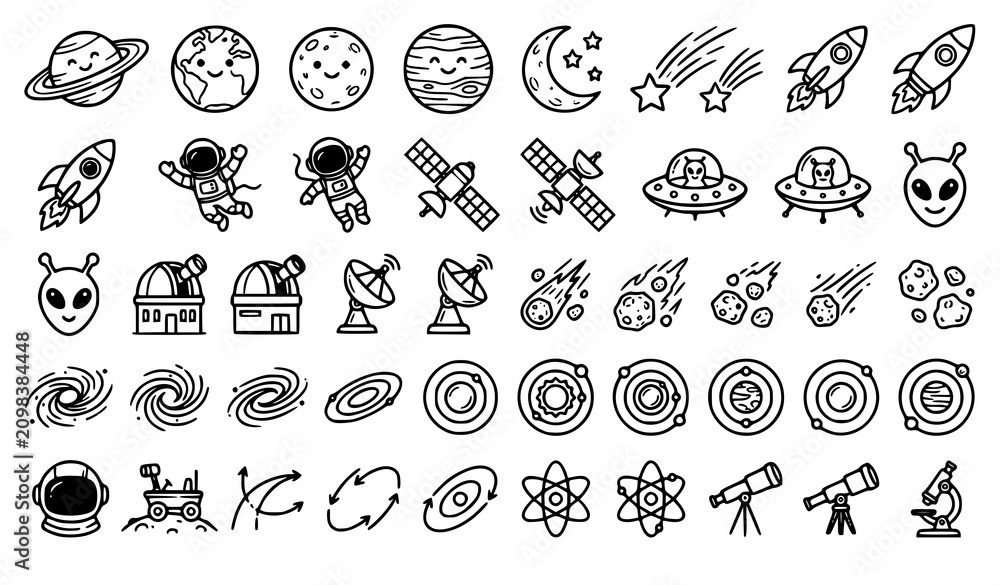 Fototapeta premium Outer Space Hand Drawn Cartoon Doodle Vector Icon Set