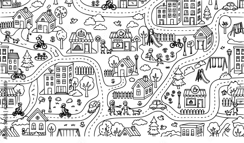Fototapeta premium Cute Cartoon Town Hand Drawn Doodle Seamless Pattern Vector