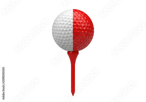 Red and white golf ball on a red tee isolated on transparent background