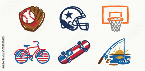 Tableau sur toile Patriotic hand drawn sports and outdoor activity icon set for summer recreationa