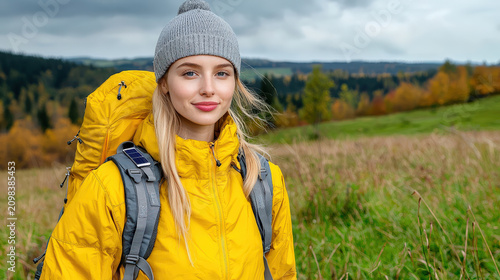 Hiker woman backpack yellow jacket gray hat trail meadow forest outdoor portrait of calm traveler in natural light