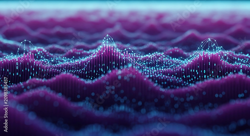 Digital data wave surface with glowing purple particles and abstract terrain particles abstract technology visualization information internet landscape connectivity