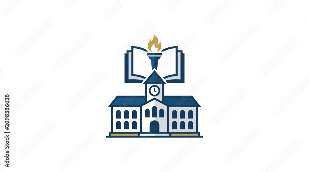 Fototapeta premium Educational Institution Logo with School Building and Book Torch Icon