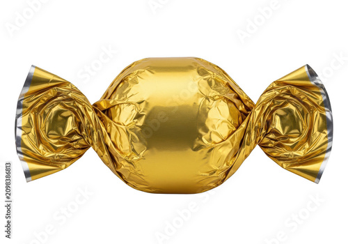 Single chocolate candy wrapped in shiny gold foil isolated on transparent background