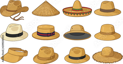 Fotografie Isometric Straw Hat Collection Featuring Cowboy Fedora Panama Sombrero Asian Con