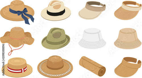 Tableau sur toile Isometric Straw Hat Collection Featuring Sun Hats Bucket Hats Visors Panama Styl