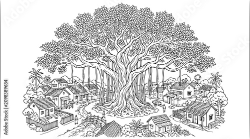 Large banyan tree in center of rural village coloring book page