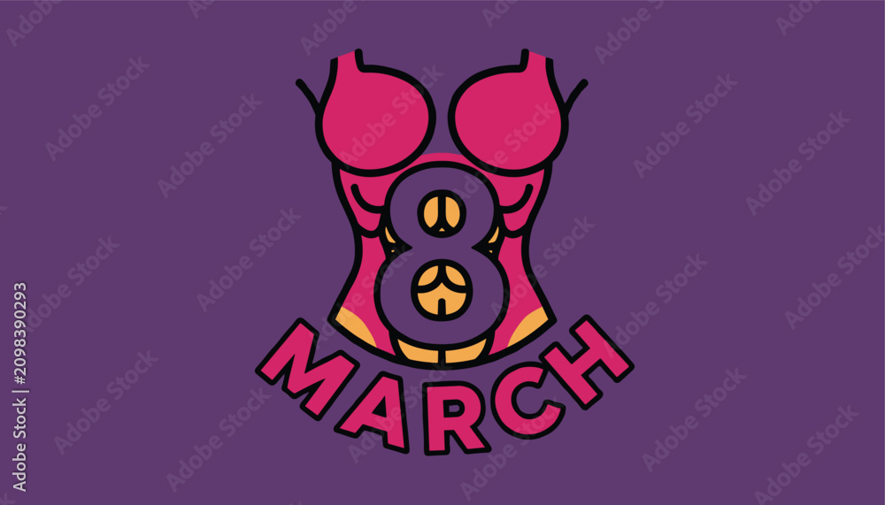 Fototapeta premium Creative graphic banner for International Womens Day featuring the number eight over a female body silhouette.