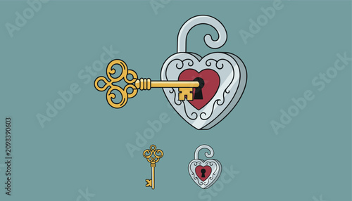 Romantic silver heart shaped padlock with a golden vintage key inserted into the lock on a dark teal background.