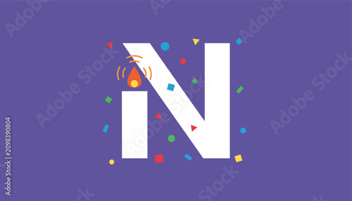 Creative letter N graphic design styled with a candle flame and festive colorful confetti on a purple background.
