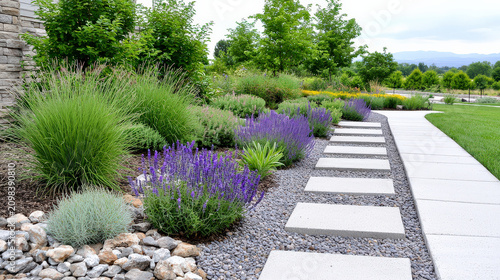 Garden native plant pathway landscape ornamental grass lavender stone green garden with purple flower bed and modern walkway