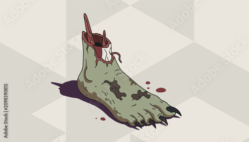 Severed zombie foot with green rotting skin bone sticking out and black claws in isometric pixel art style.