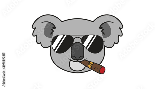 Cool cartoon koala bear face wearing dark sunglasses and smoking a cigar on a clean white background.