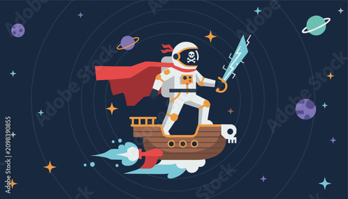 Brave astronaut pirate holding a glowing sword sails on a flying space galleon among distant colorful planets.