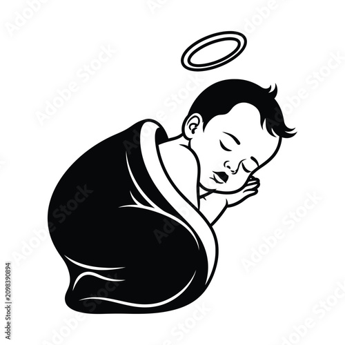 Tableau sur toile Minimalist sleeping baby angel vector illustration, black and white infant cheru