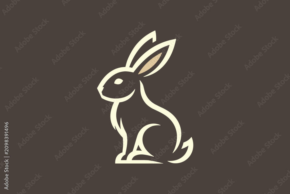 Fototapeta premium Stylized line art illustration of a rabbit sitting gracefully against a dark brown background, showcasing clean minimalist design.