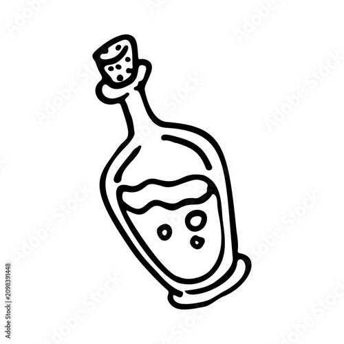 Hand drawn doodle of a glass bottle with a cork stopper containing liquid.