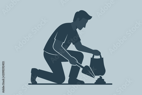 Silhouette of a responsible man kneeling to clean up dog waste with a trowel and a small plastic bag on a blue background.