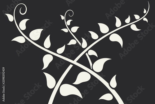 Elegant pattern of white stylized vines with leaves intertwining and crossing over each other on a dark background.