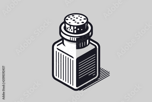 Classic glass container bottle with a cork stopper shown in a 3D isometric line art style on a neutral gray background.