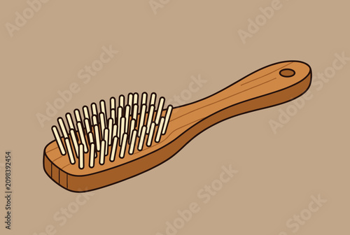 Simple wooden hairbrush with beige bristles lies diagonally on a warm brown background in a cartoon vector style.