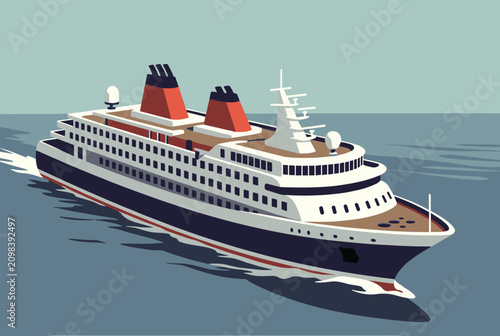 Large luxury cruise liner ship sails smoothly across the vast blue ocean under a clear sky in a retro vector style.