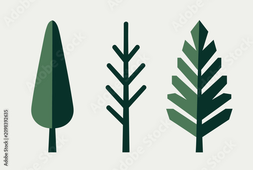 Minimalist design showing three different green tree shape silhouettes aligned horizontally on a clean background.
