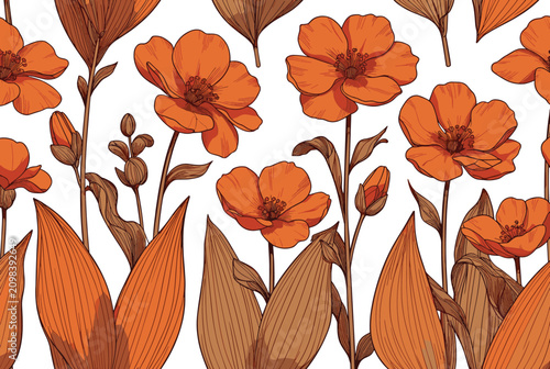 Beautiful seamless background pattern filled with vintage hand-drawn orange buttercup flowers and green leaves.