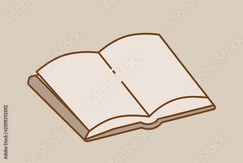 Simple cartoon drawing of an open empty notebook with blank pages lying flat on a warm tan background.