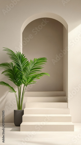 Beige interior arch stair plant minimal wall niche sunlight calm modern home decor