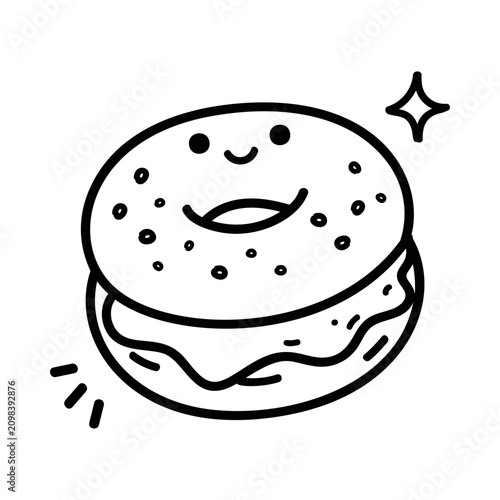 Cute hand drawn doodle of a happy bagel with cream cheese filling.