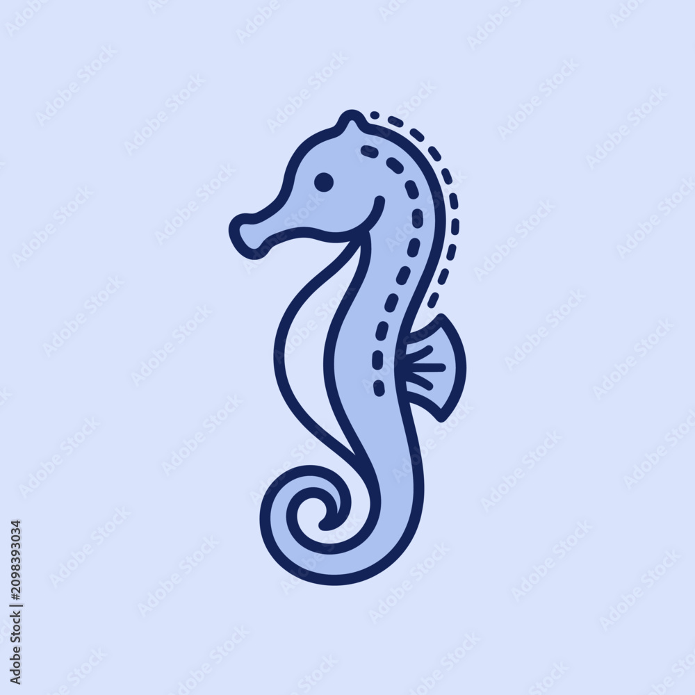 Fototapeta premium Blue line art seahorse illustration on white background.