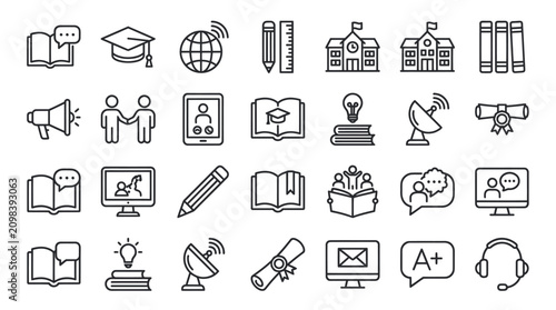 Fotografi Comprehensive education and school icons for online learning.