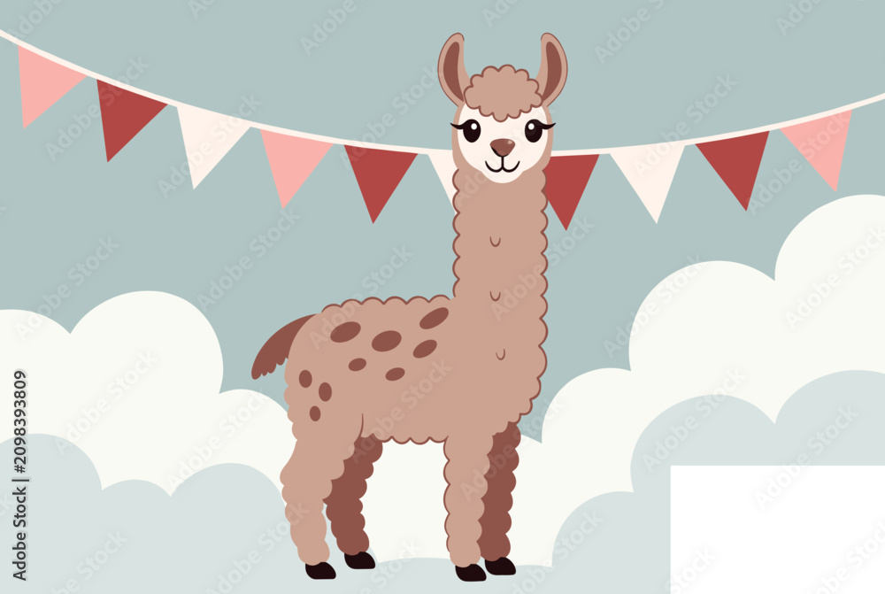 Fototapeta premium Cute brown alpaca stands peacefully below a pastel pink bunting banner, surrounded by soft clouds in a blue sky.