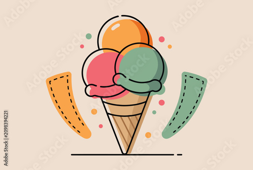 Delicious three scoop ice cream cone with colorful flavors and retro decorative elements celebrating sweet summer treats.