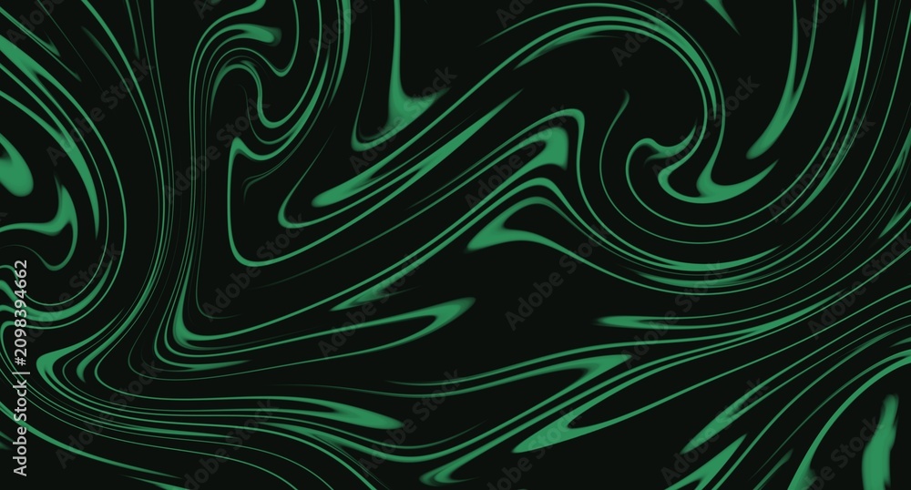 Obraz premium Abstract Green Fluid Swirl Background with Flowing Marble Lines on Dark Black Surface