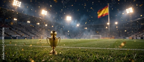 Golden football trophy on a stadium pitch during a championship victory celebration in Spain, representing soccer tournament success and national sports achievement