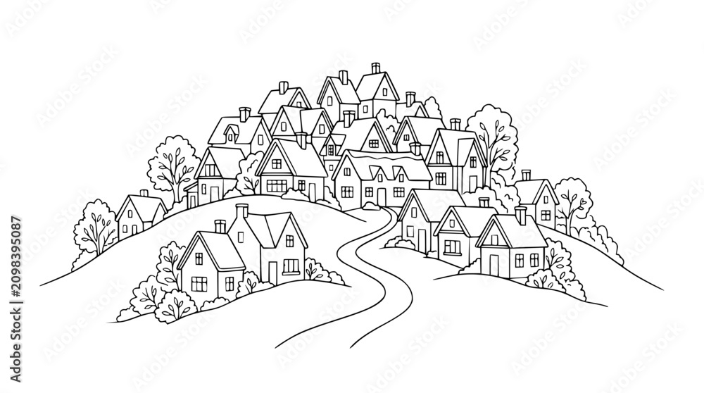 Fototapeta premium Hand drawn line art illustration of a cozy village on a hill